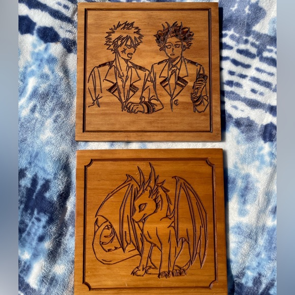 Set Of 2 Anime Style Pyrography Art Wood Hanging Wall Plaques ONE OF A KIND - Picture 2 of 11